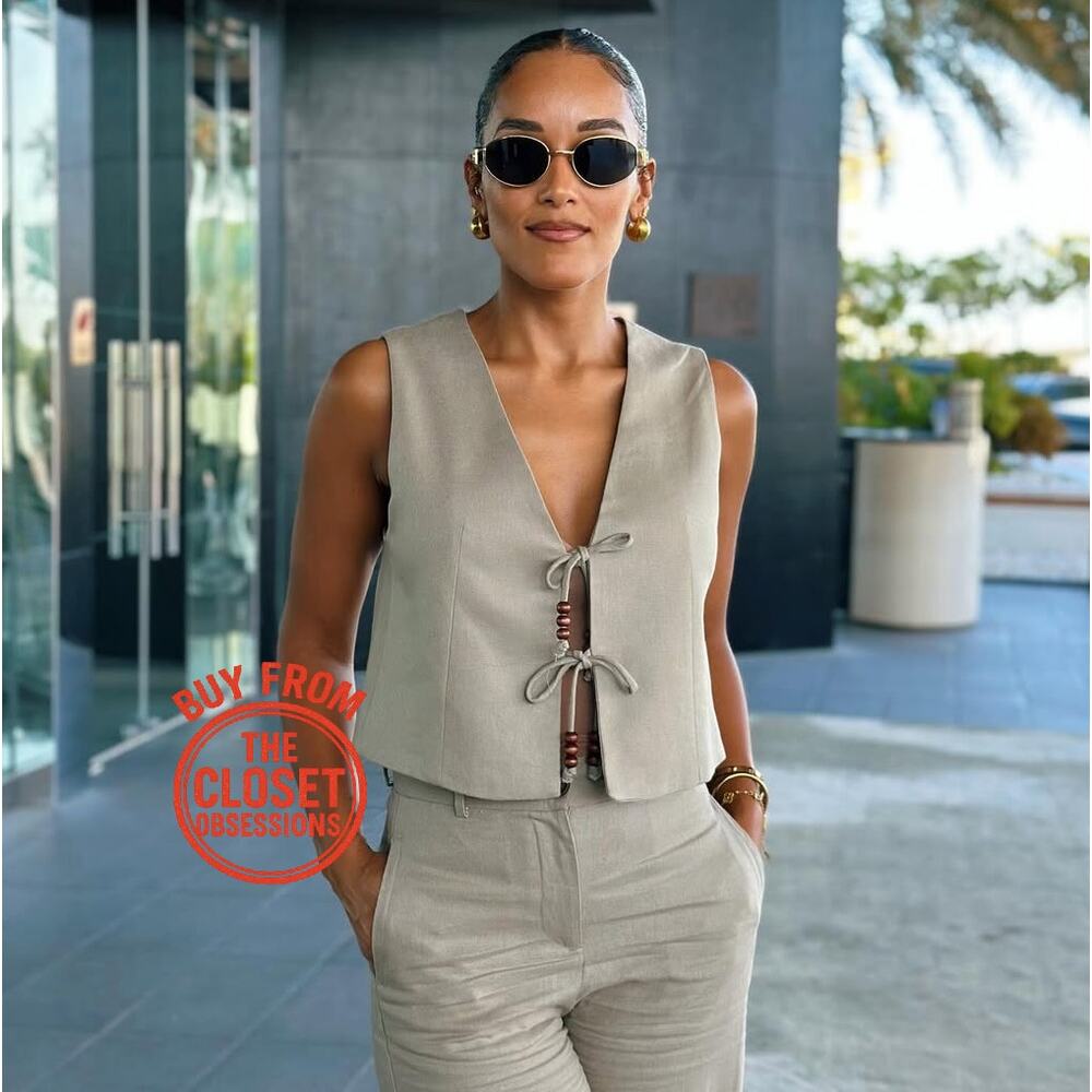 ZARA Sleeveless Linen Vest NWT | Beige Beaded Tie-Front Top Size L - Picture 2 of 16